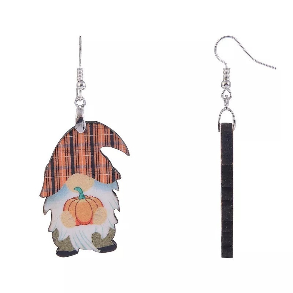 Fall Plaid Gnome Wood Drop Earrings Silver Tone NWT